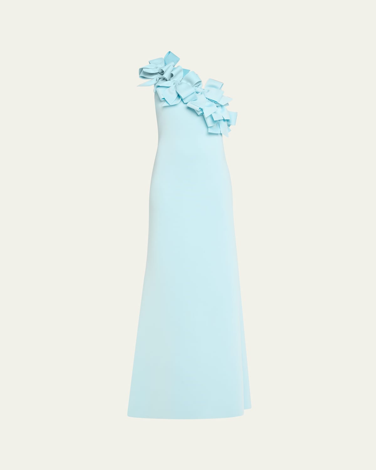 Badgley Mischka One-shoulder Bow Ruffle Scuba Gown In Blue