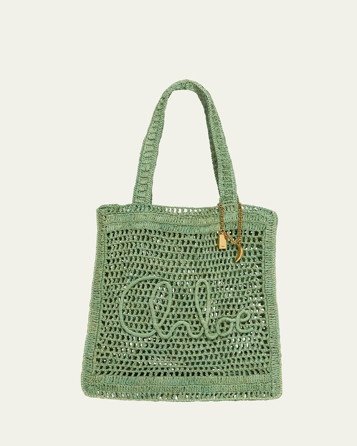 Shop Chloé Summer Banana Tote Bag In Crochet Fabric In Tea Leaf Green