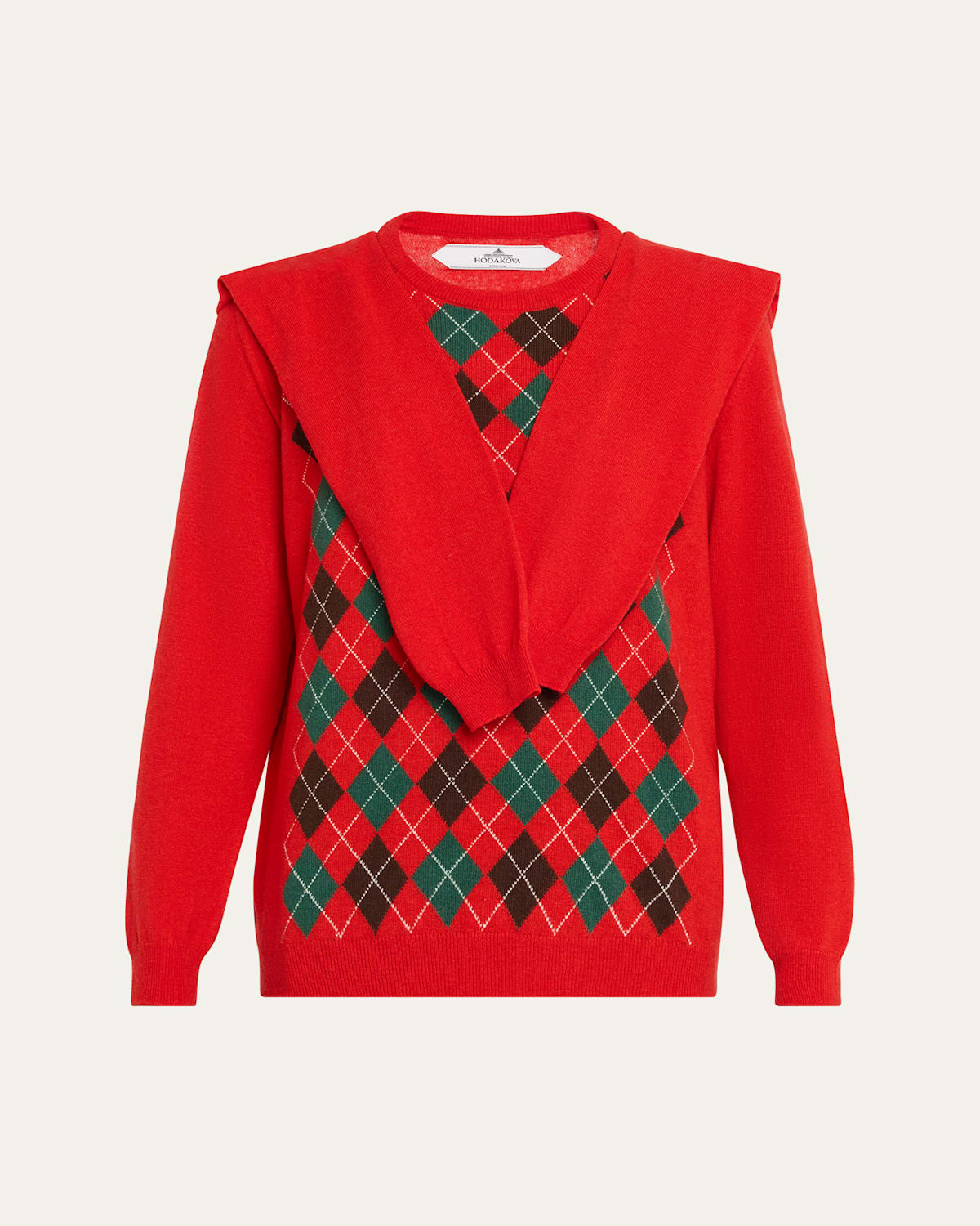 Double-Sleeve Argyle Crewneck Sweater