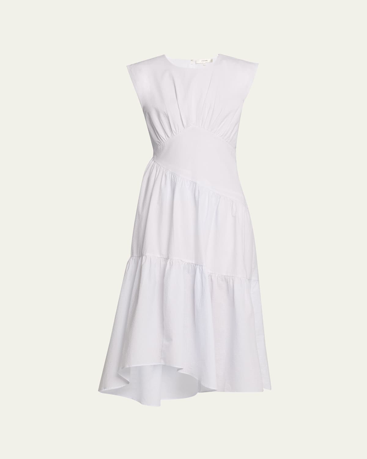 FRAME THE SEERSUCKER GATHERED SEAM MIDI DRESS 