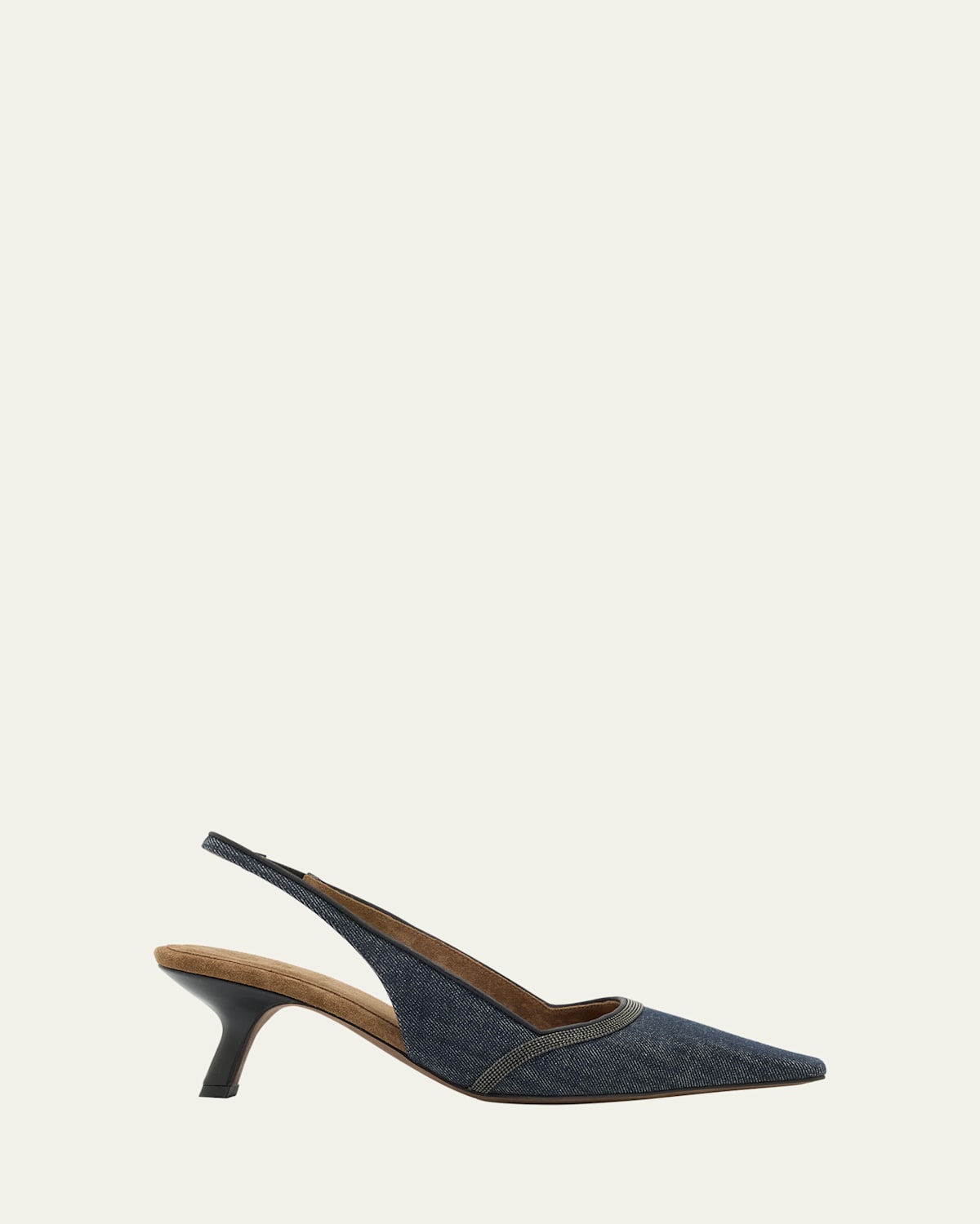 BRUNELLO CUCINELLI DENIM POINTED-TOE SLINGBACK PUMPS WITH MONILI TRIM 