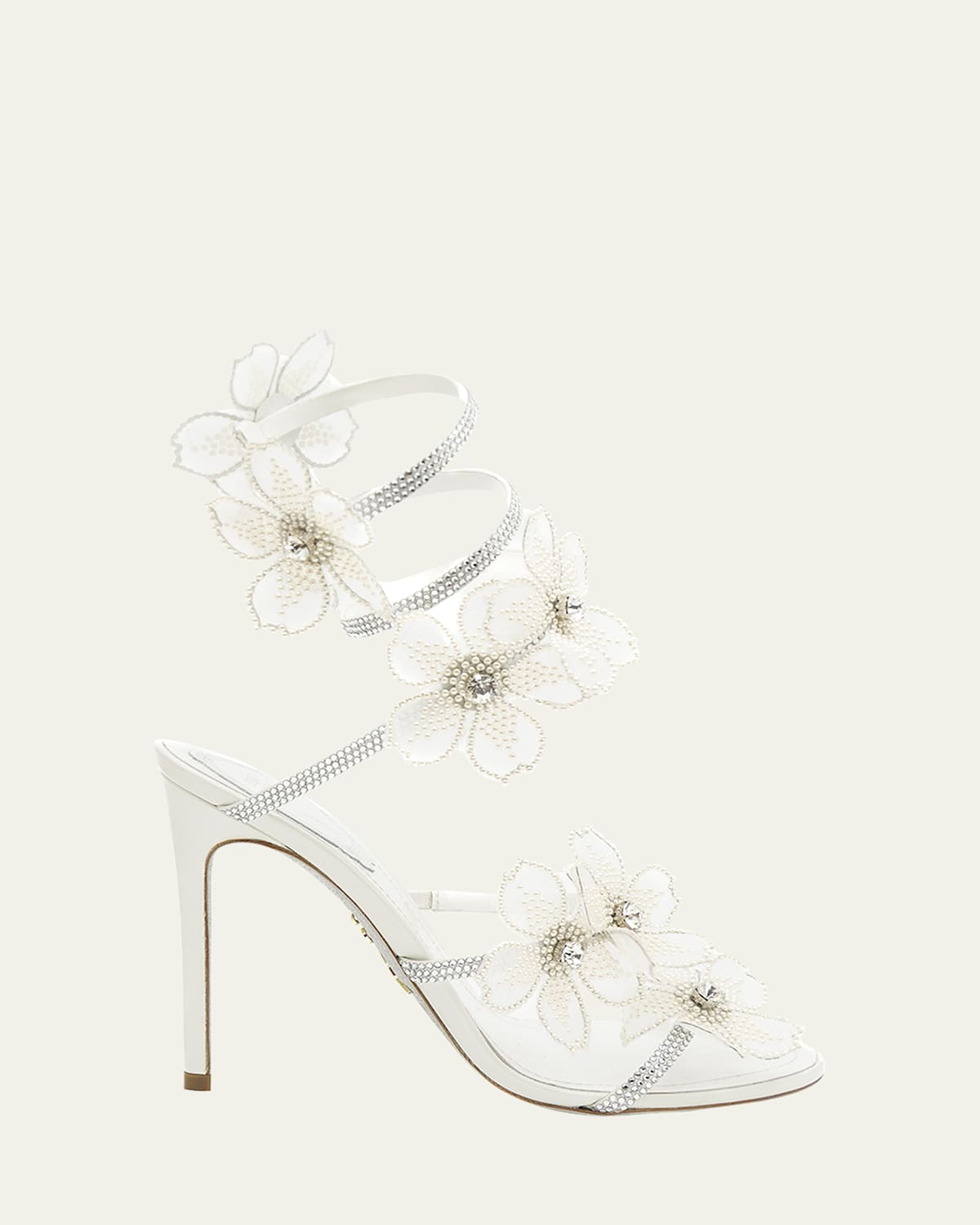 Floraine Crystal Flower Satin Snake Wrap Sandals