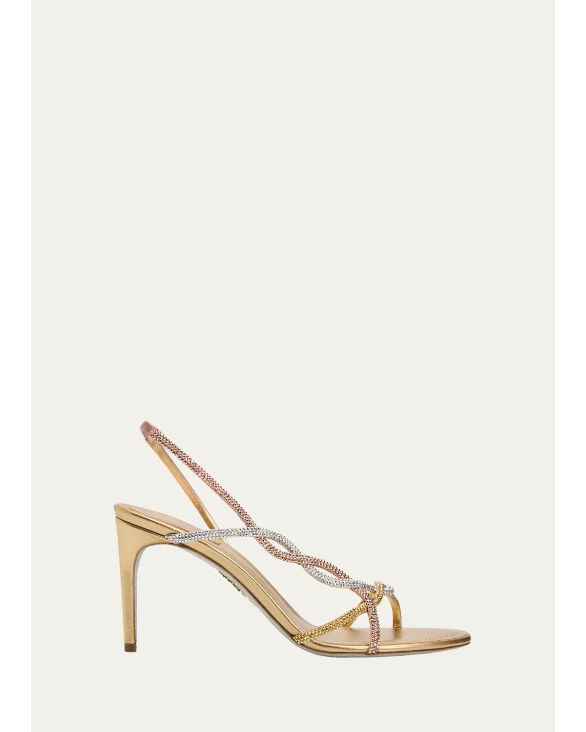 Three-Tone Crystal Satin Braid Halter Sandals