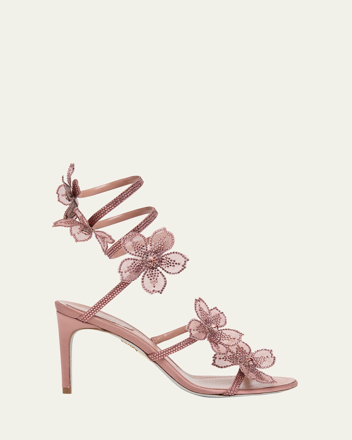 René Caovilla 80mm Floraine Crystal Flower Satin Snake Wrap Sandals In Multi