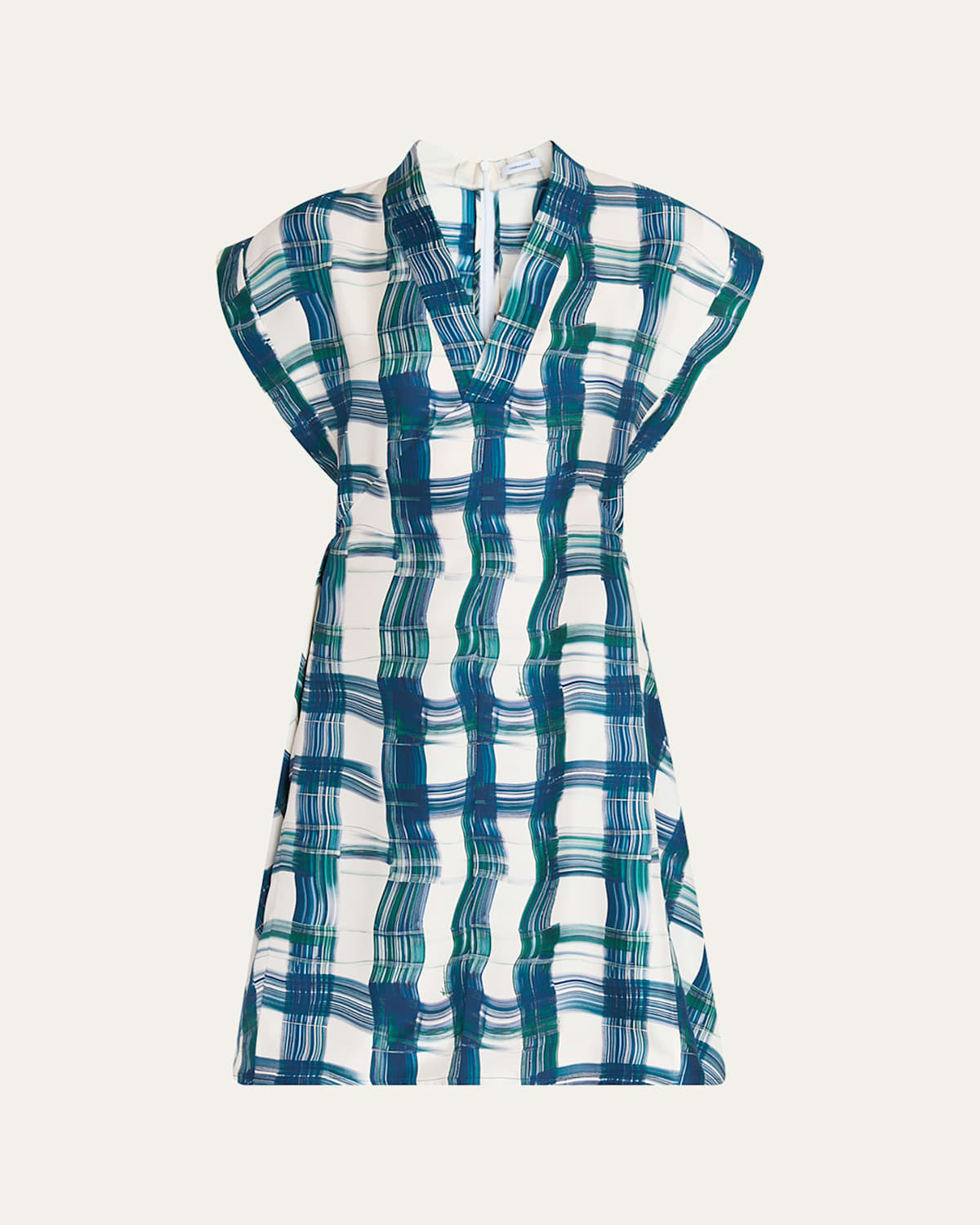 Ferragamo Brushstroke Check Short Silk Dress In Blue