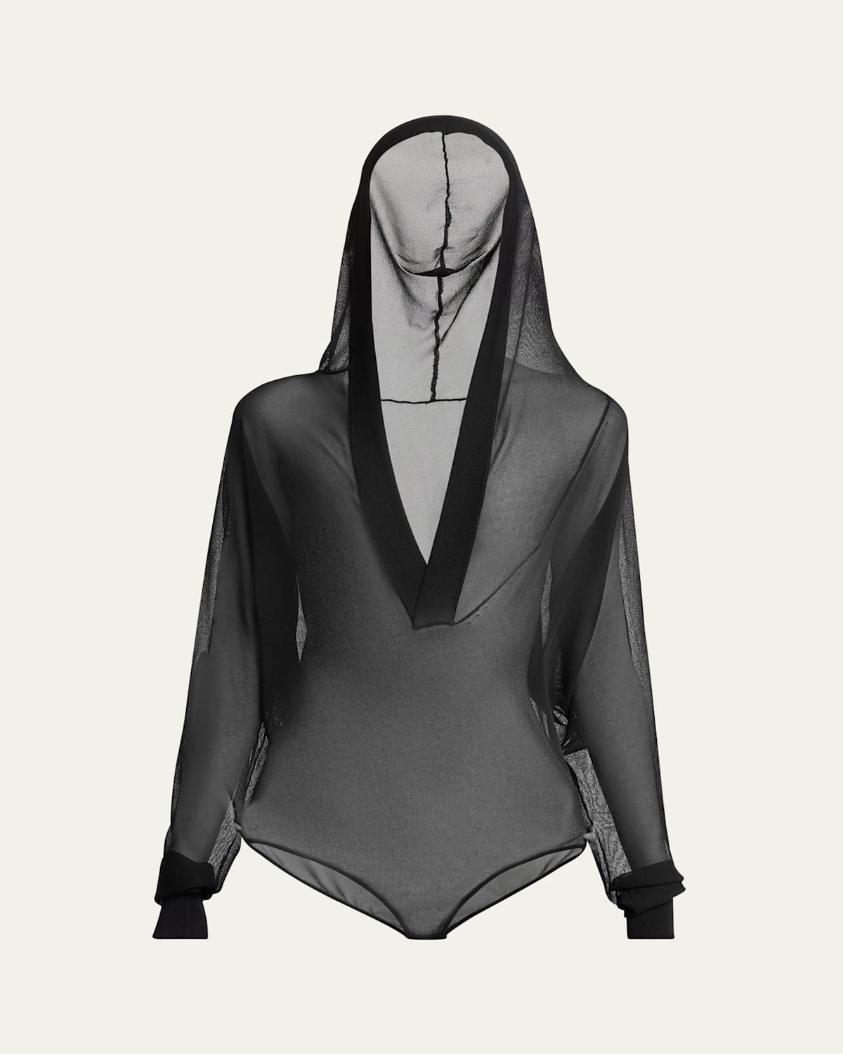 Alaïa Sheer V-neck Hooded Bodysuit In Noir Alaia