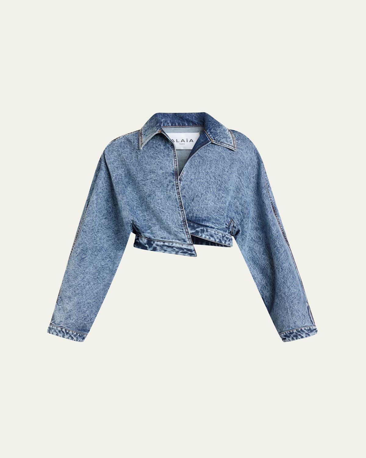 ALAÏA WRAP DENIM CROPPED ASYMMETRIC JACKET 