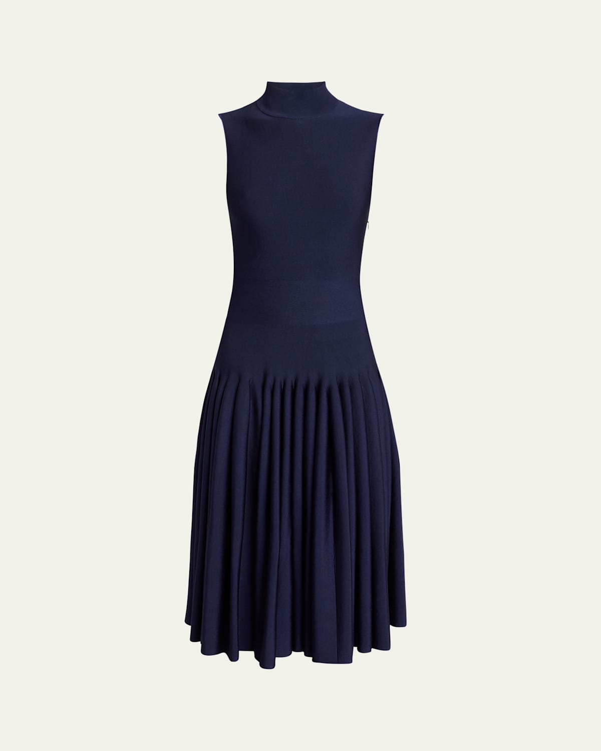 High-Neck Pleated Knit Midi Dress