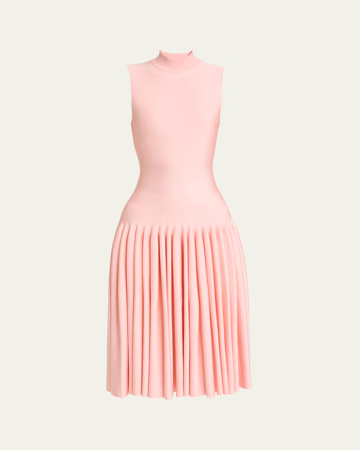 High-Neck Pleated Knit Midi Dress