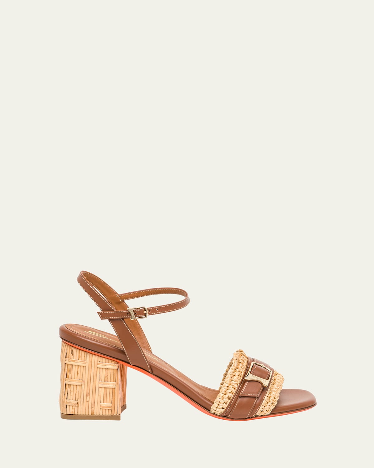 Santoni Vela Buckle Leather Raffia Block-heel Sandals In Light Brown