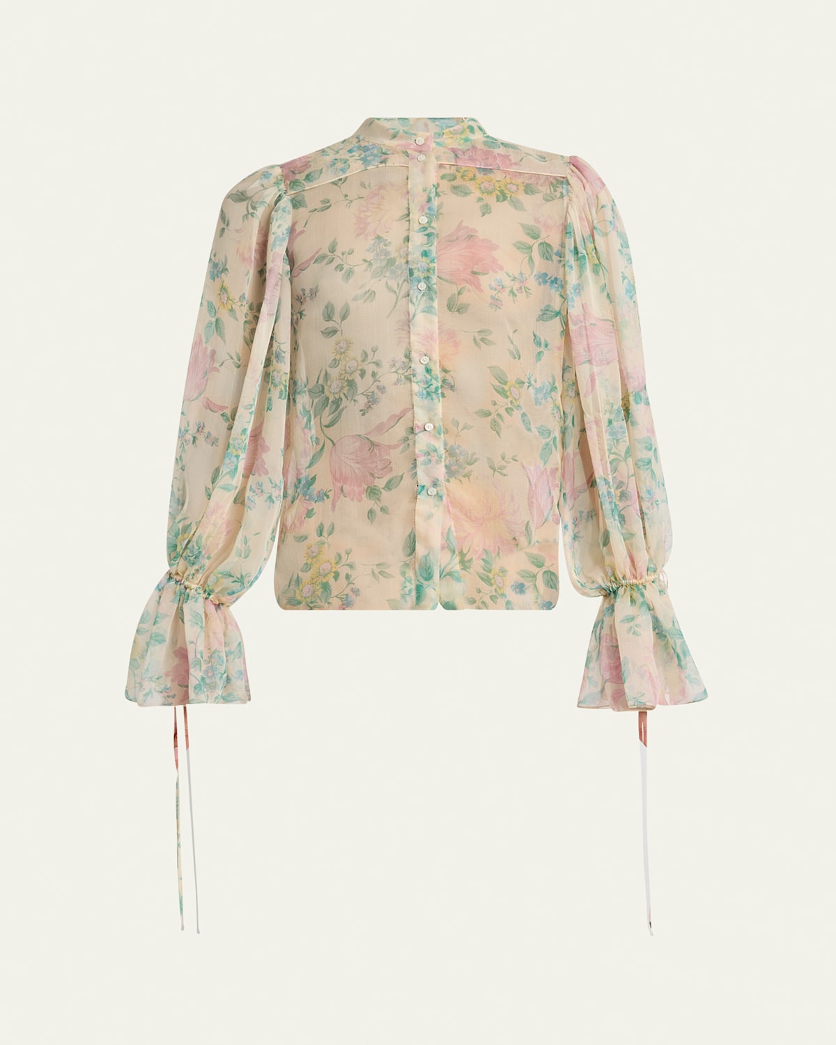 Chloé Floral Silk Balloon-sleeve Button-down Top In Seedpearl Beige