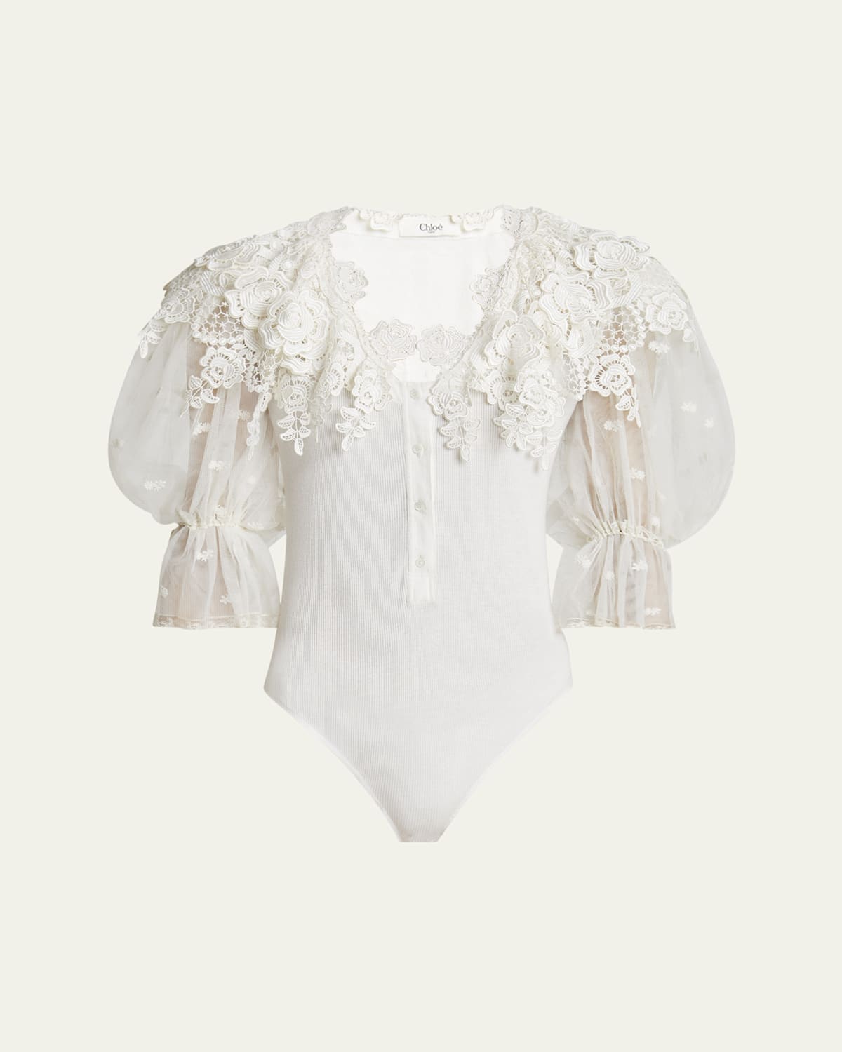 Chloé Puff-sleeve Guipure Lace Bodysuit