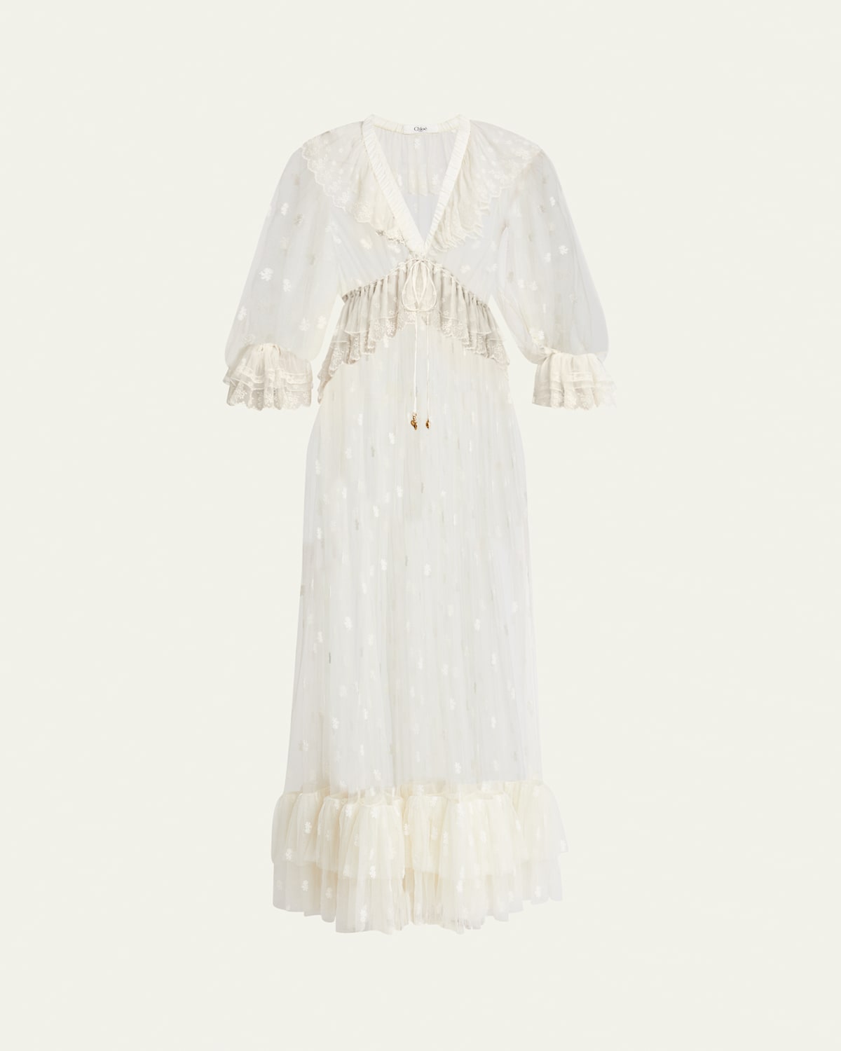 Chloé Long Lace Ruffled Drawstring Dress