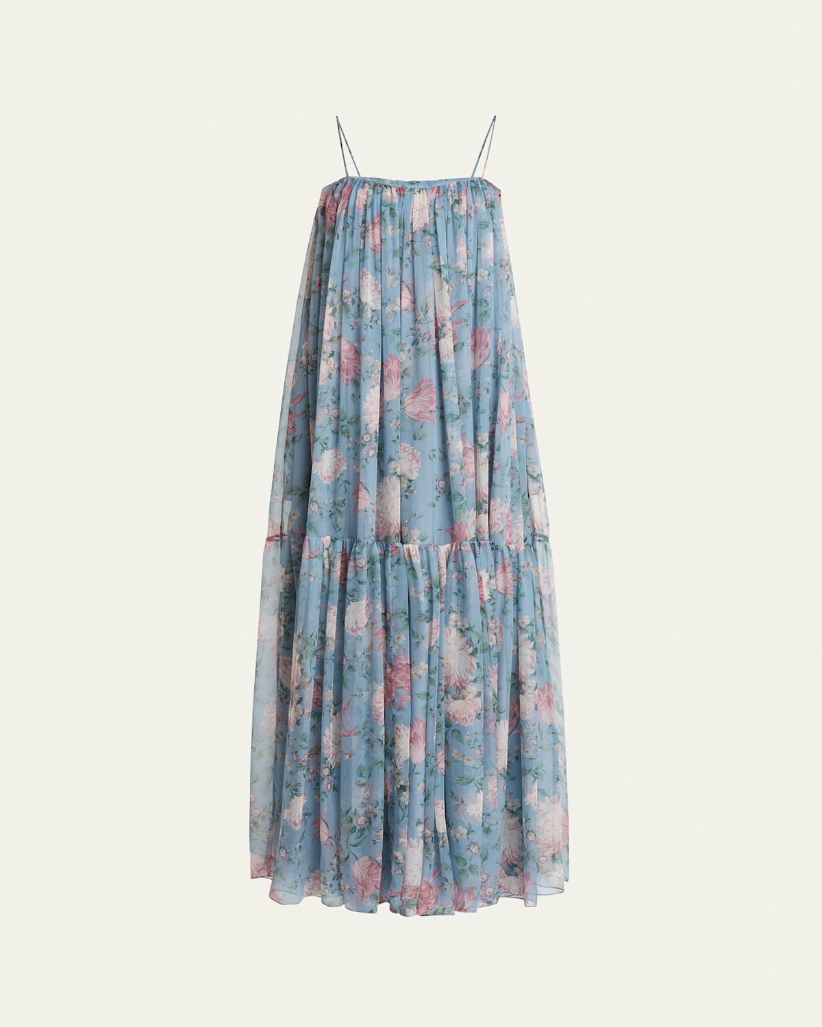 Shop Chloé Long Floral Print Tiered Silk Dress In Grizzled Blue