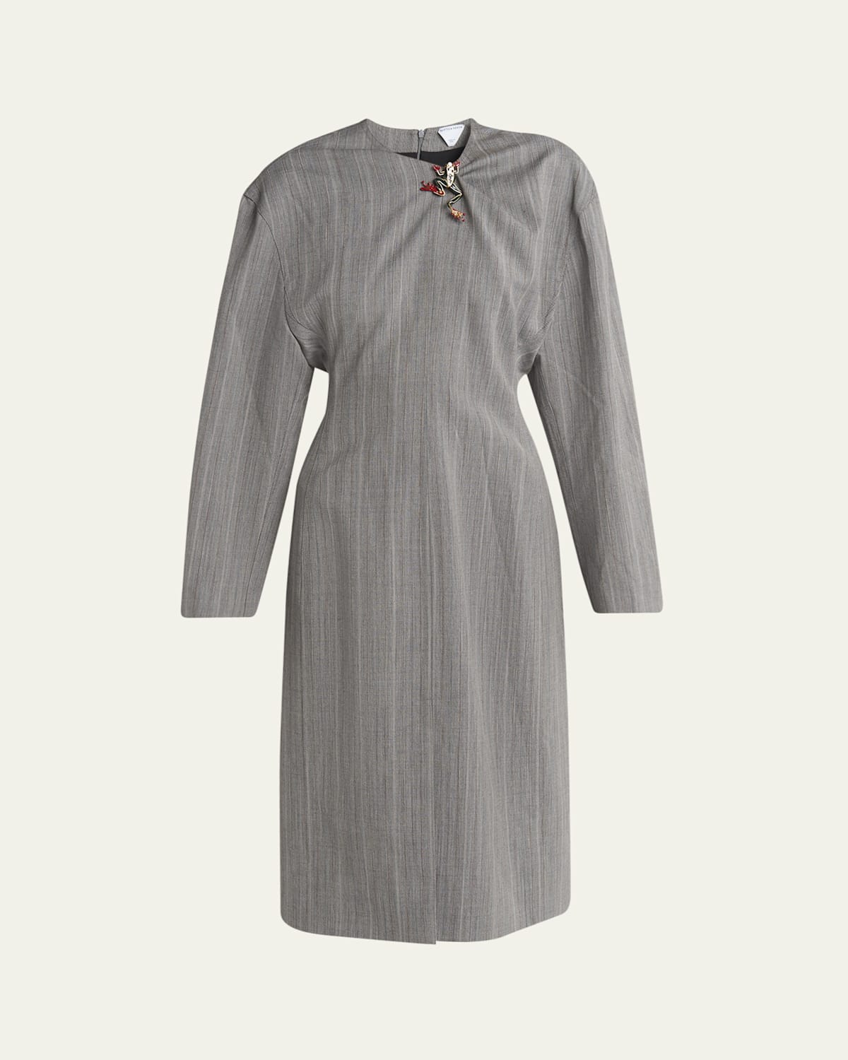 Bottega Veneta Subtle Stripe Melange Wool Dress With Frog Brooch In Vulcano-na