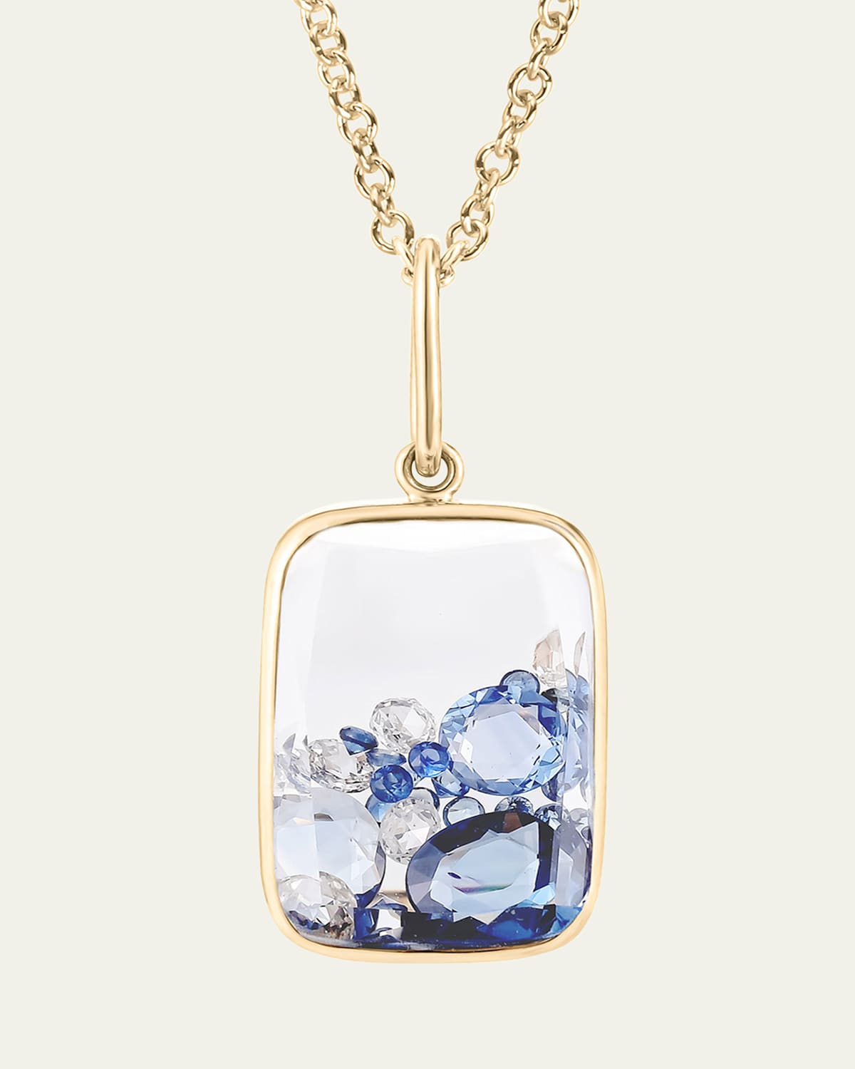 18K Yellow Gold Ten Fourteen Diamond and Blue Sapphire Pendant Necklace with Kaleidoscope Shaker