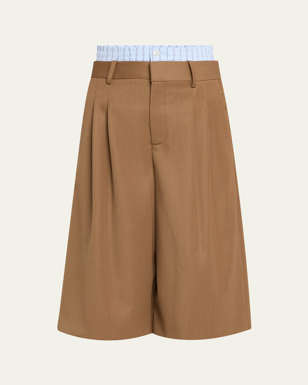 Double Wasitband Tailored Long Wool Shorts