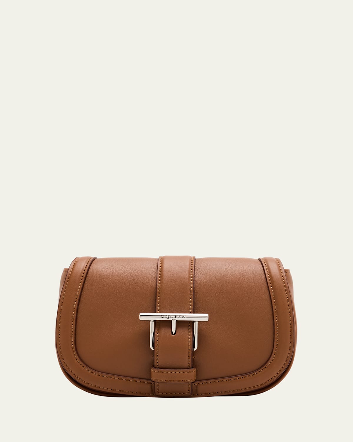 Alexander Mcqueen Mini T Bar Leather Saddle Crossbody Bag In Tan Silver