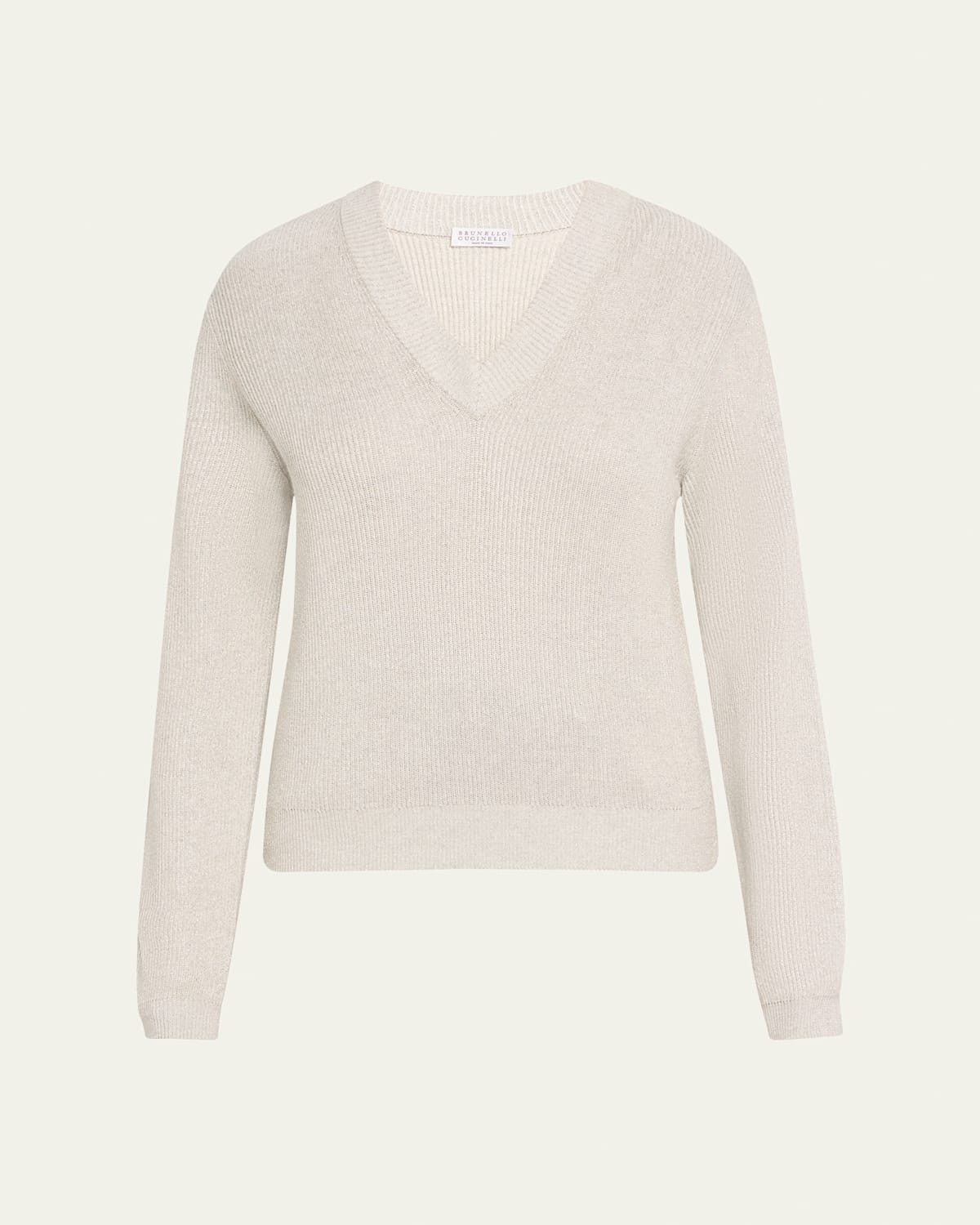 Brunello Cucinelli Bright Vanise Sparkling Cotton V-neck Long Sleeve Sweater