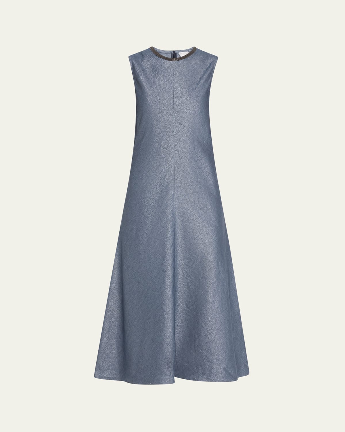 Brunello Cucinelli Shiny Long Linen Wool Twill A-line Dress With Monili Neckline
