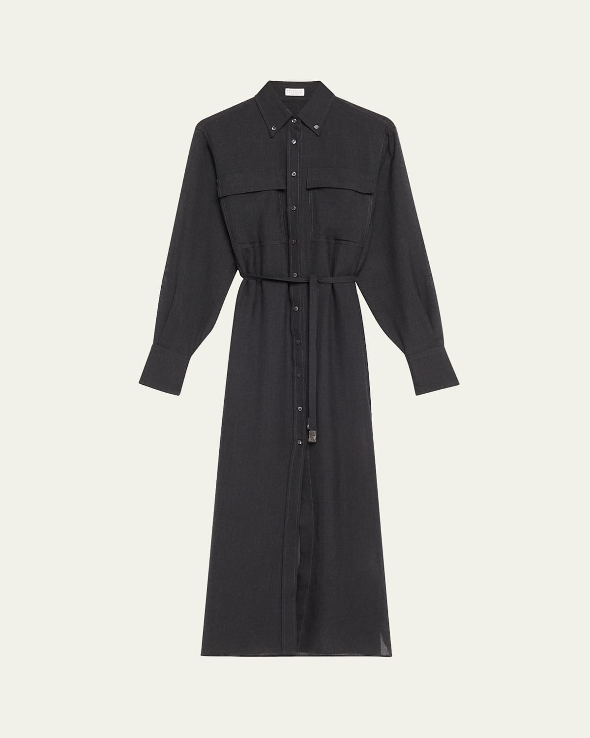 Brunello Cucinelli Long Wool Gauze Shirt Jacket Dress With Waist Tie In Black