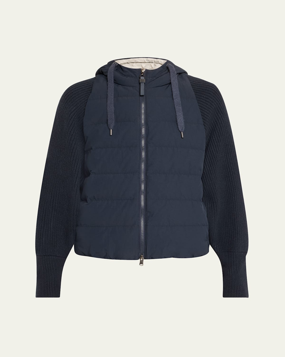 Techno Crinkled Cotton Down Jacket W Ribbed Sleeves