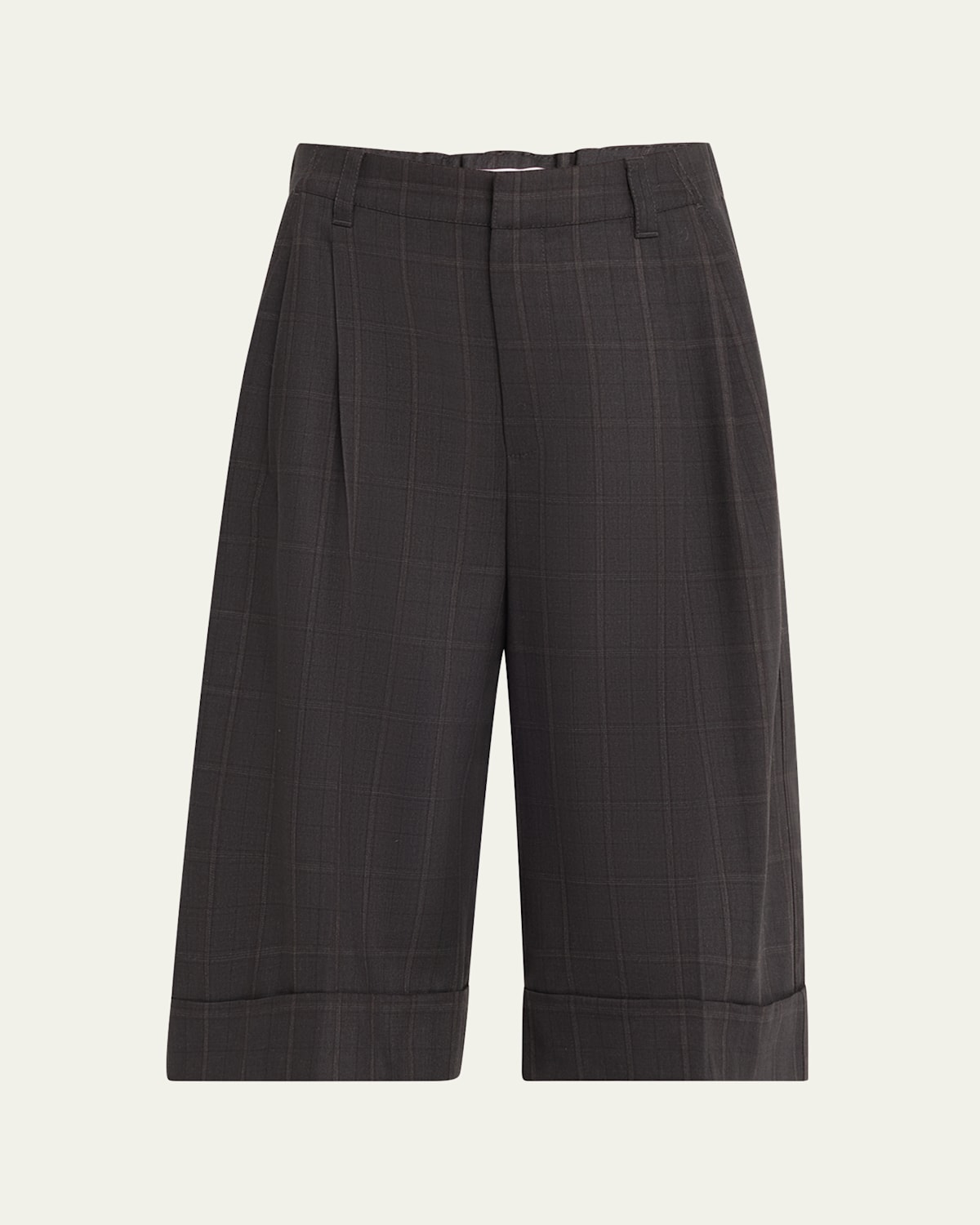 Brunello Cucinelli Windowpane Bermuda Pleated Wool Shorts In Brown