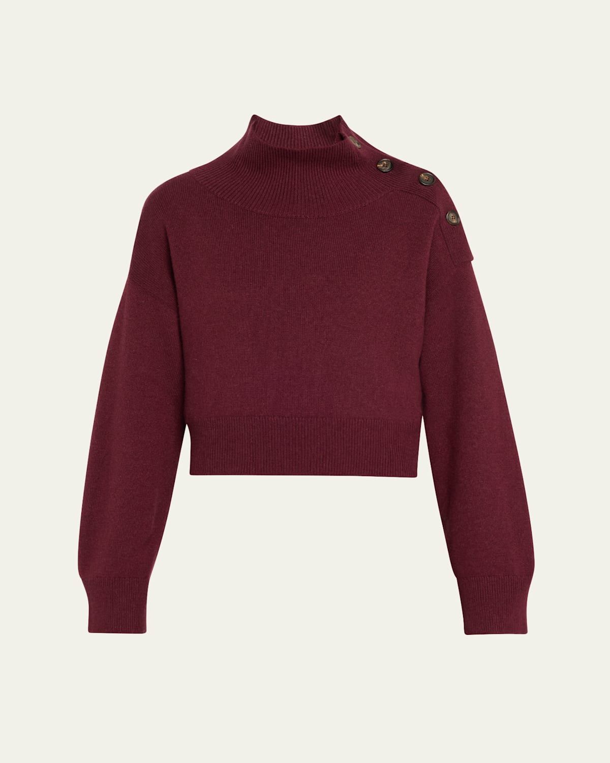 Turtleneck Button-Shoulder Cashmere Crop Sweater
