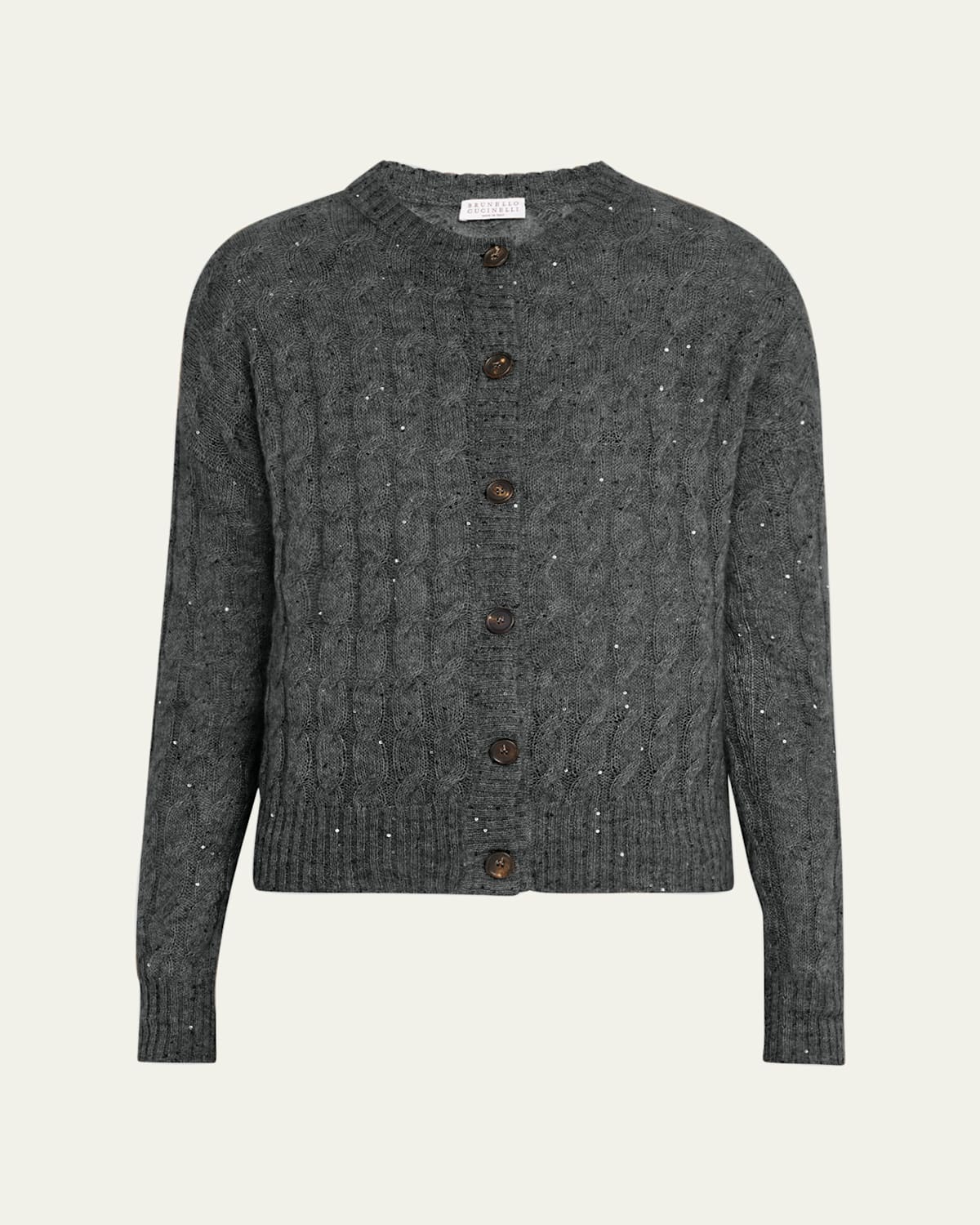 Mohair Pailette Cable Knit Crewneck Cardigan