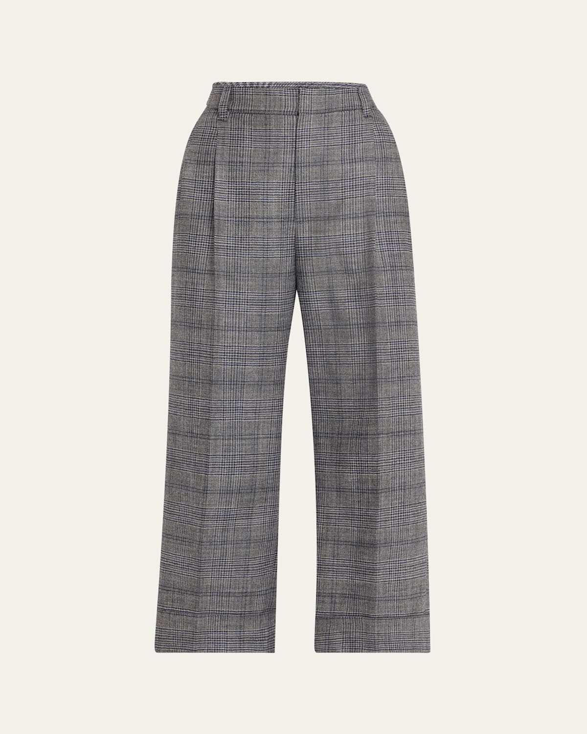Pleated Wool Prince Of Wales Wide-Leg Crop Trousers