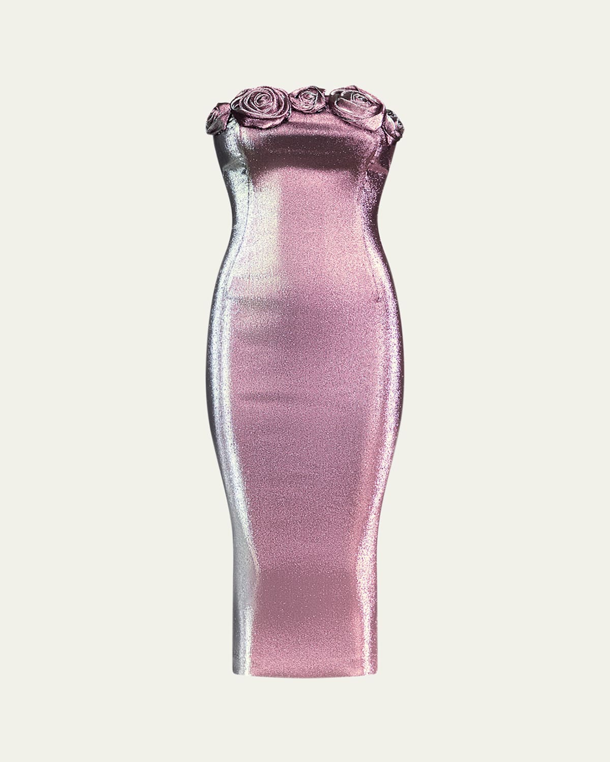 AREA STRAPLESS LAME ROSETTE MIDI DRESS 