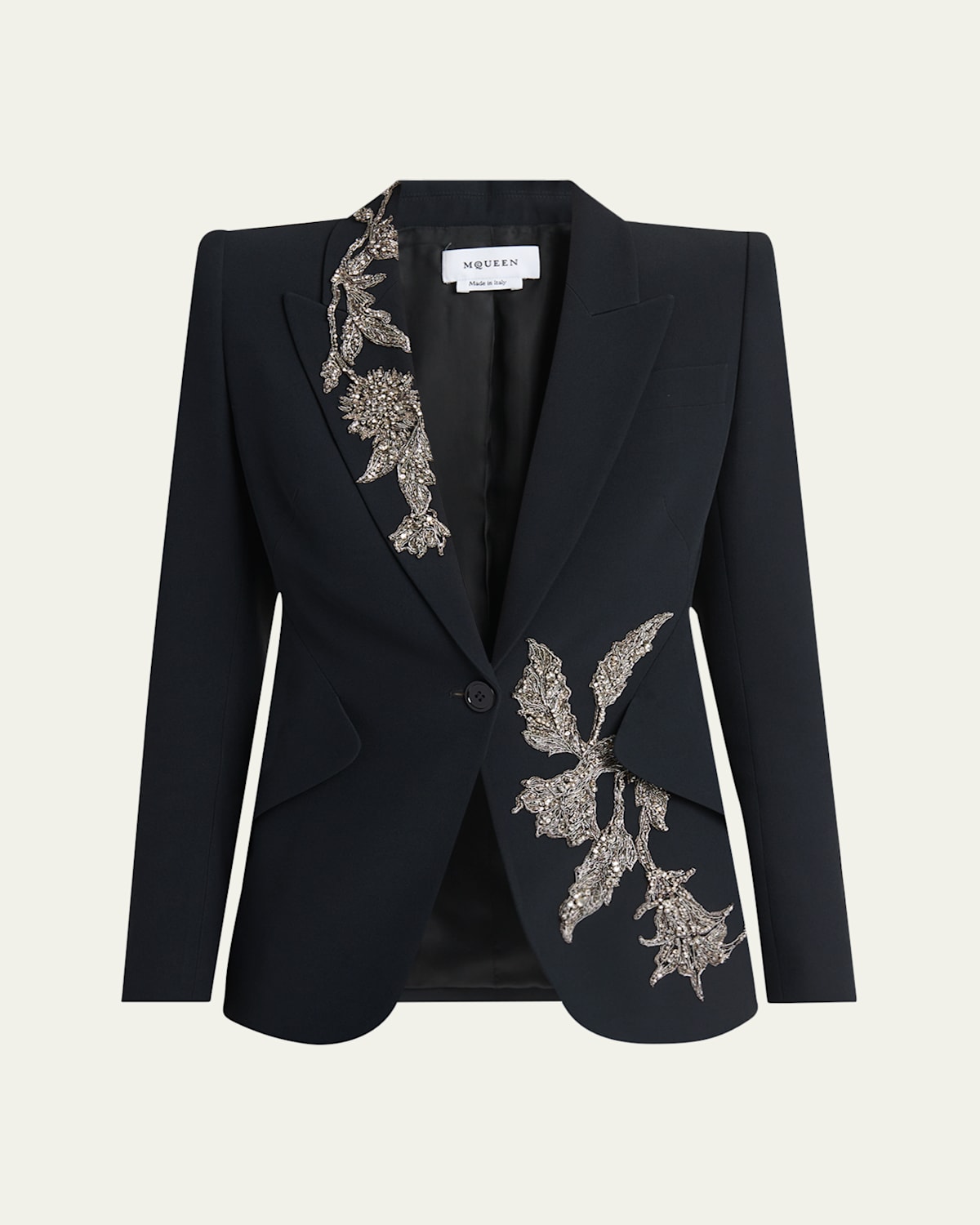 Alexander Mcqueen Floral Crystal One-button Crepe Blazer In Black
