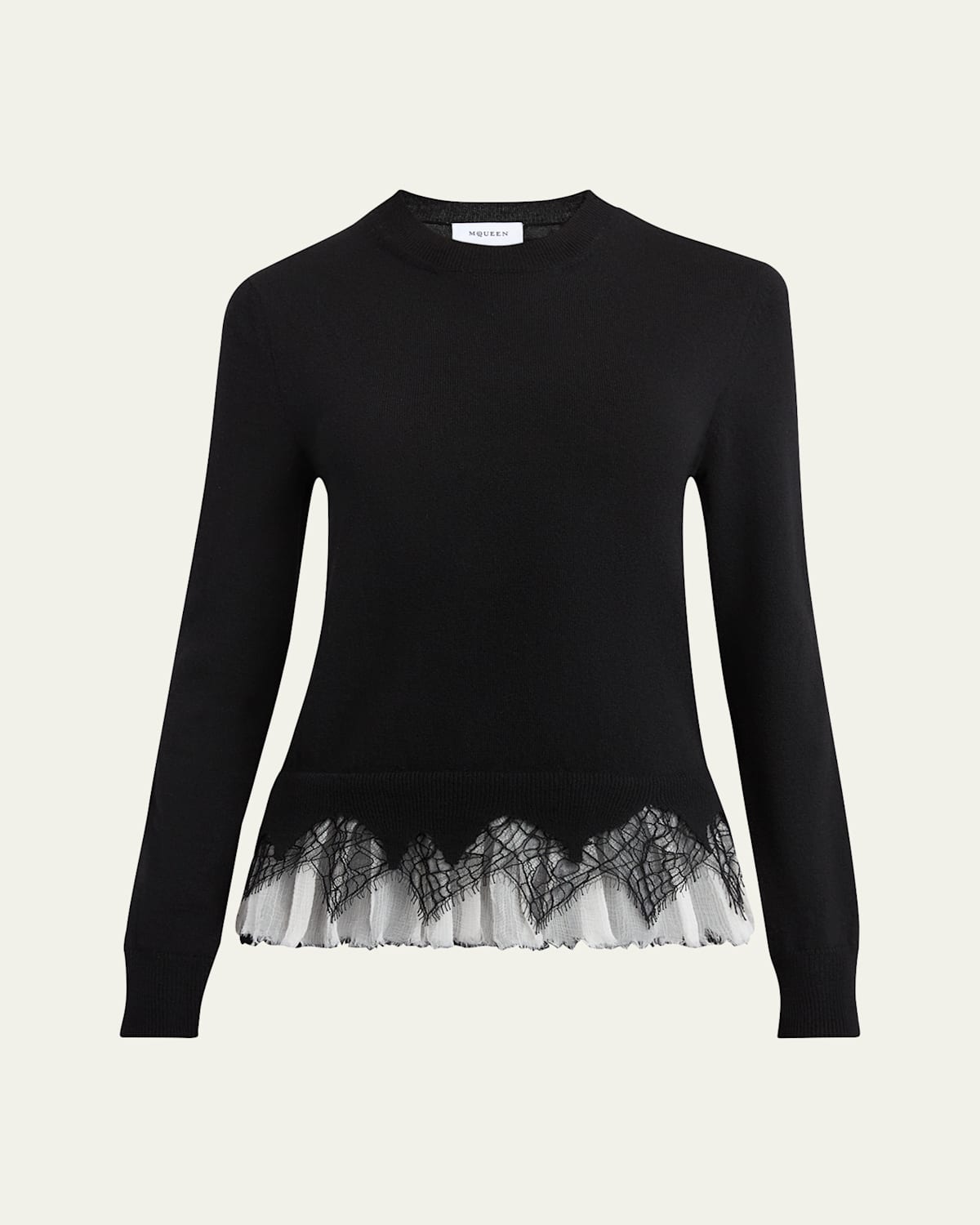 Alexander Mcqueen Lace Ruffle Crewneck Sweater In Black