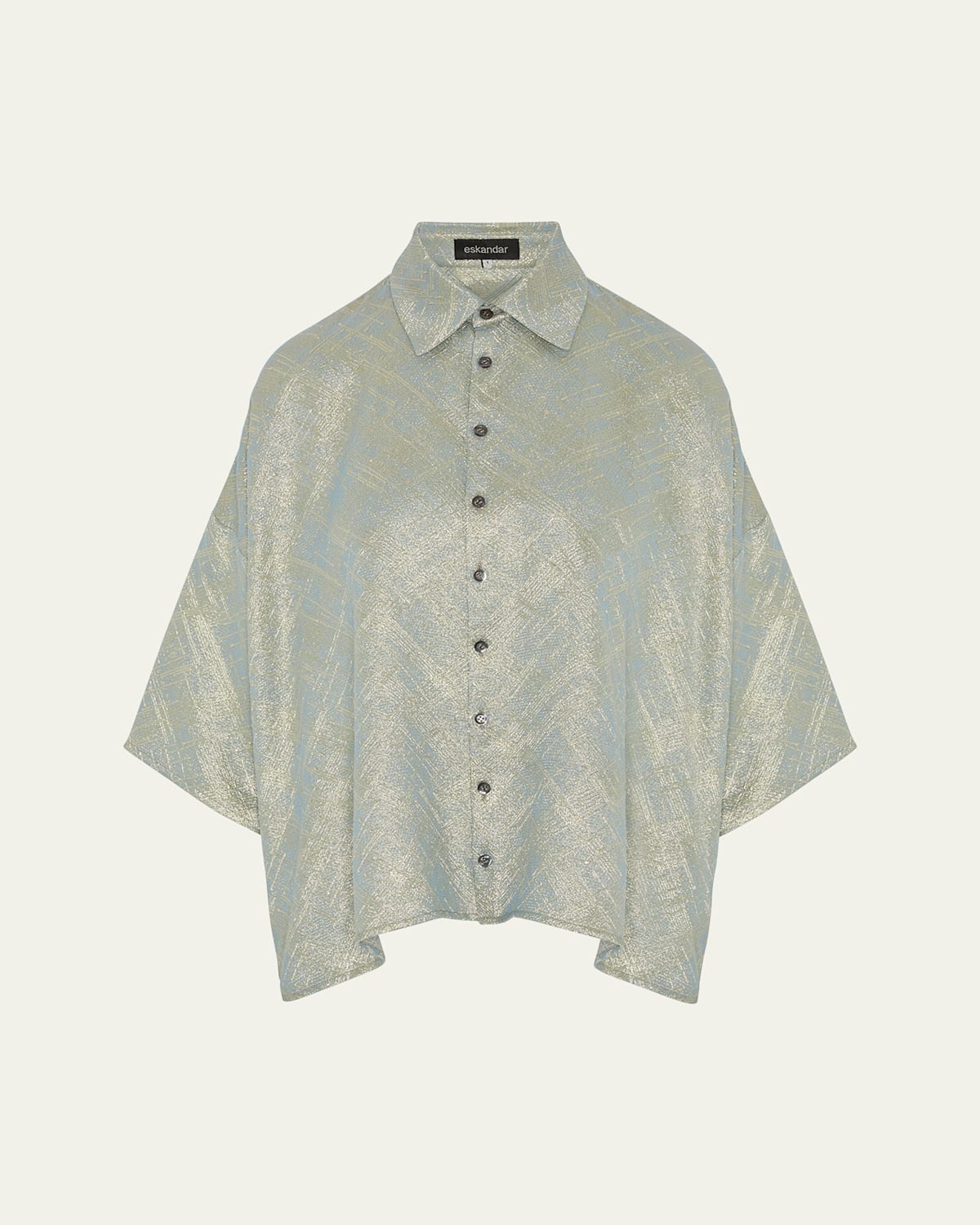 ESKANDAR SLOPED SHOULDER WIDE A-LINE SHORT SLEEVE SHIRT WITH COLLAR (MID LENGTH) 
