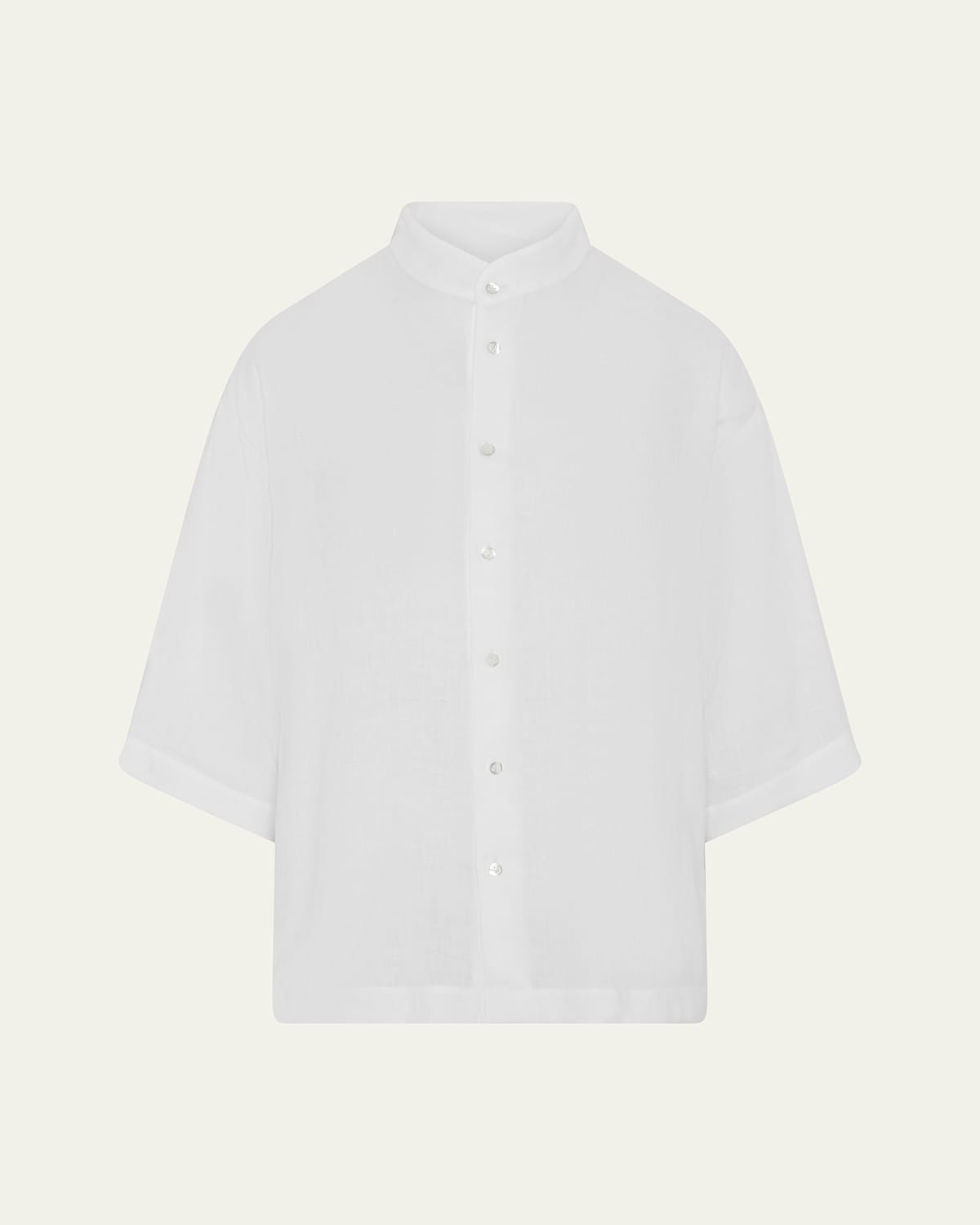 Shop Eskandar Slim Collarless Short-sleeve Shirt (regular Length) In White