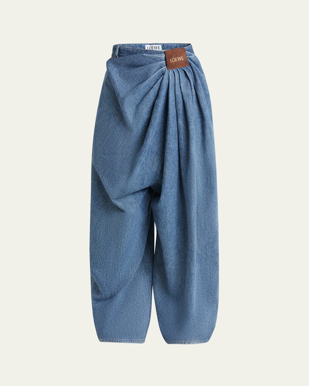 Loewe Leather-trimmed Draped Gathered High-rise Wide-leg Jeans In Blue