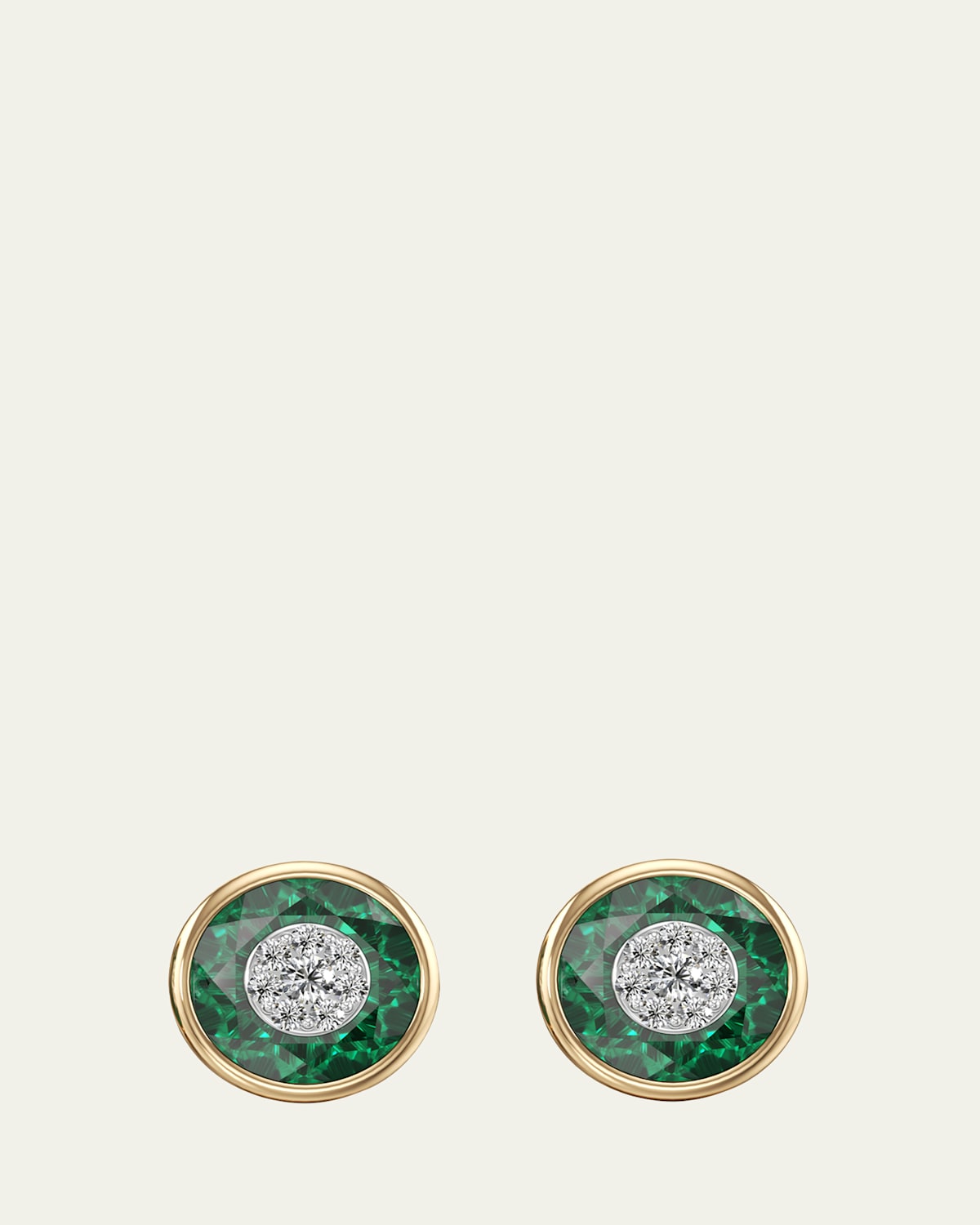 One Collection 10mm Round Emerald Bezel Stud Earrings in 18K Yellow Gold with Diamonds