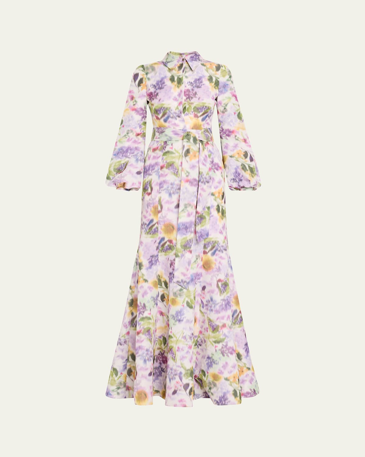 Badgley Mischka Collection Abstract Floral Long Sleeve Taffeta Mermaid Gown In Lilac Multi