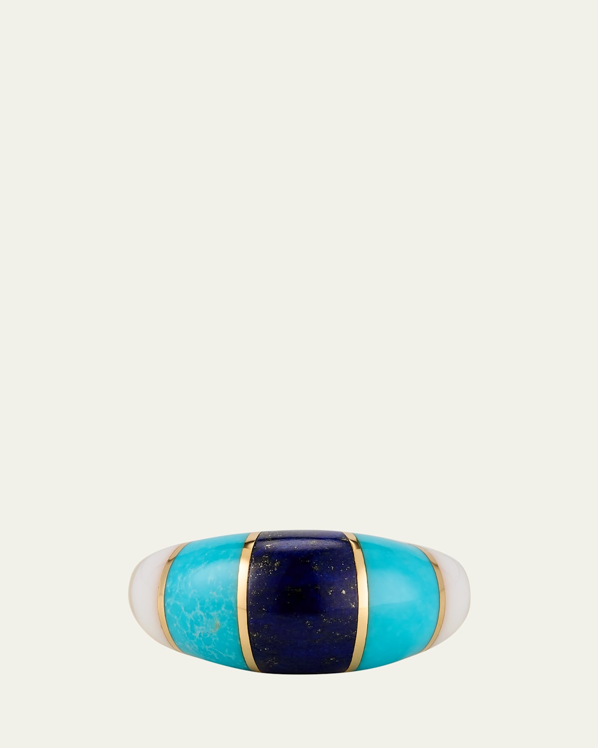 18K Yellow Gold Chunky Inlay Dome Ring with Lapis, Turquoise and White Onyx, Size 6.5
