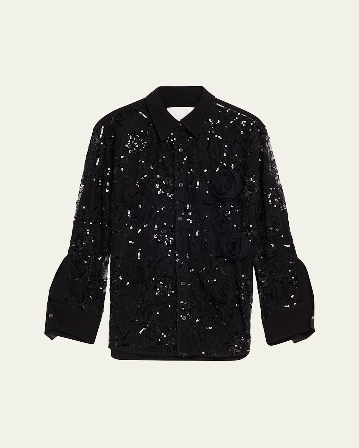 3.1 PHILLIP LIM ROSETTE SEQUINED LACE SHEER BUTTON-DOWN SHIRT 