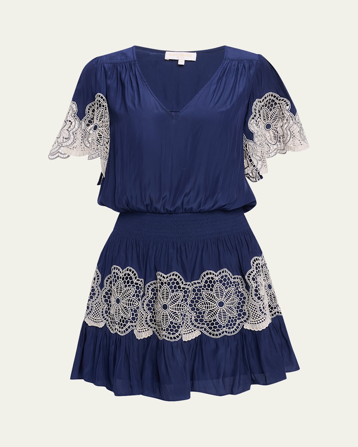 Shop Ramy Brook Romi Embellished Smocked Mini Dress In Spring Navy