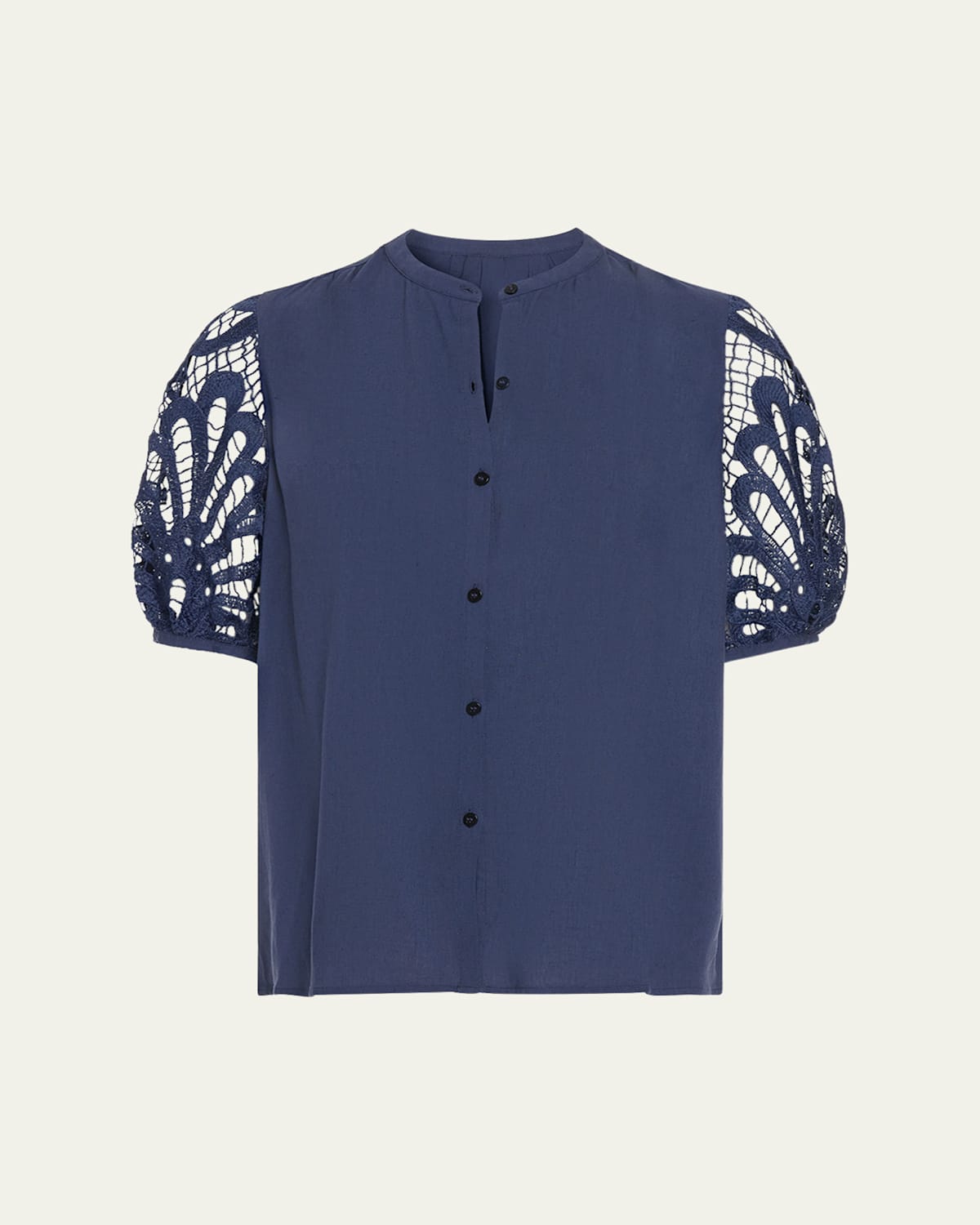 Shop Ramy Brook Gia Open-knit Short-sleeve Blouse In Spring Navy Eyelet