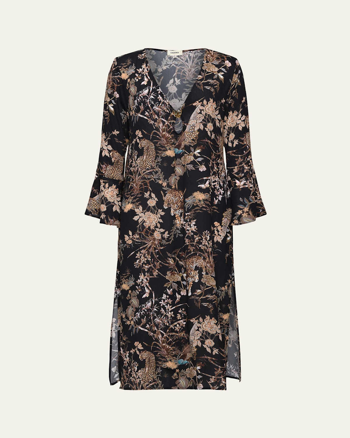 Shop L Agence Sara Jungle Sheer Chiffon Long-sleeve Maxi Dress In Black