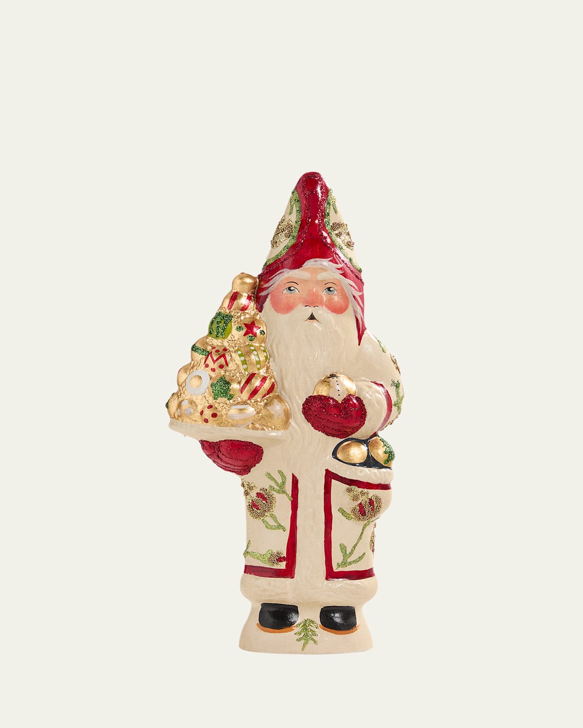 Vaillancourt Folk Art White Father Christmas Holding Golden Ornaments
