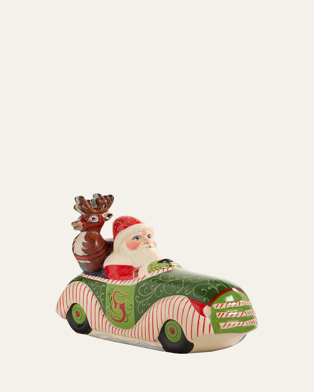 Vaillancourt Folk Art Ornate Santa Driving Christmas Car With Deer In Multi