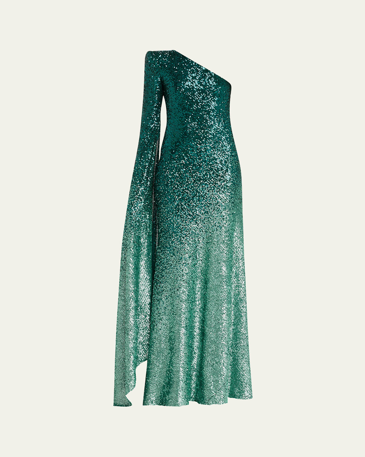 Ombre Sequined One-Shoulder Cascading Sleeve Gown