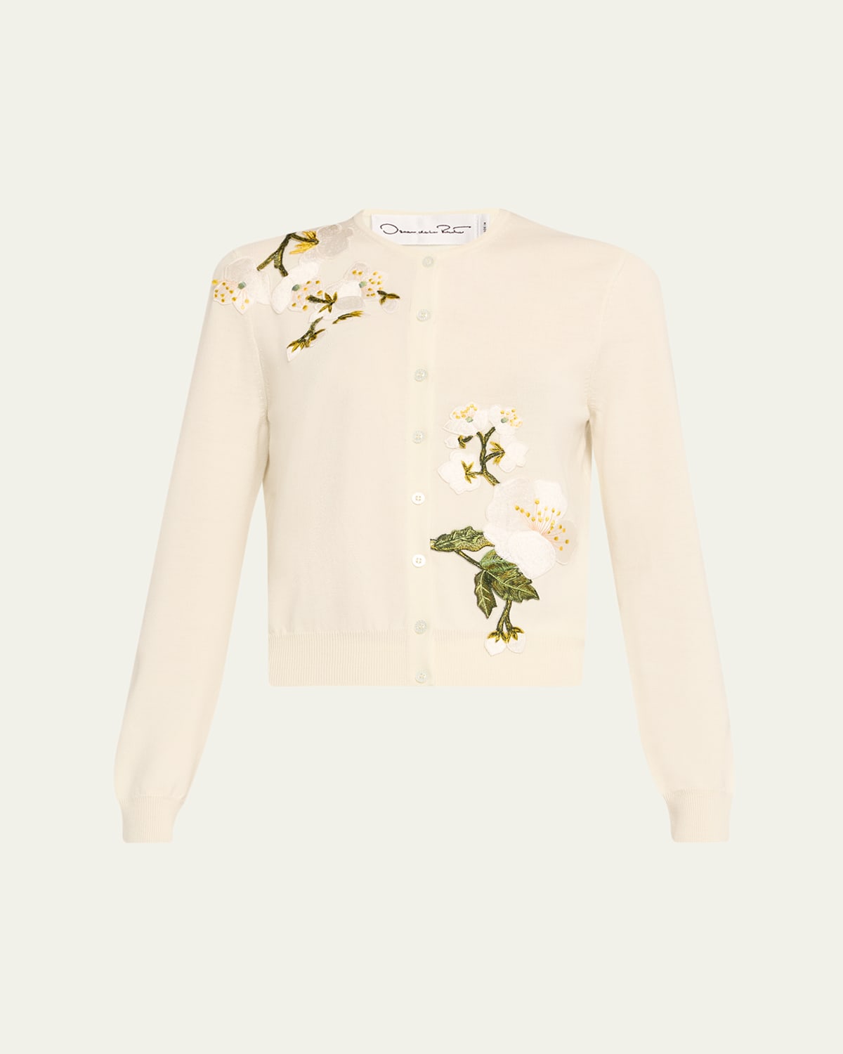 Oscar De La Renta Cherry Blossom Embroidered Crewneck Cardigan In Neutral