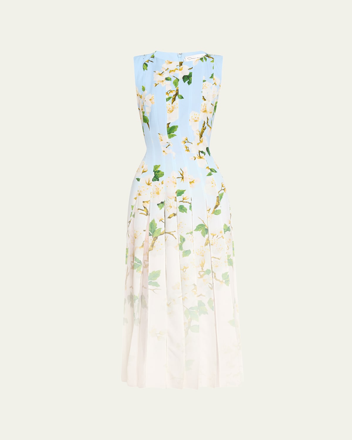 Oscar De La Renta Sleeveless Cherry Blossom Pleated Cady Midi Dress