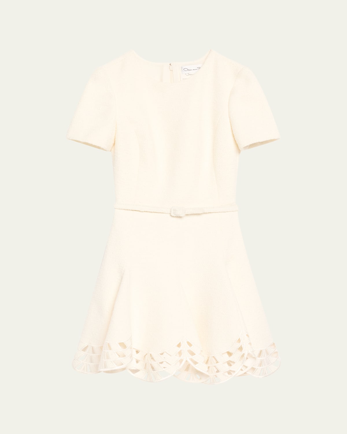 Short-Sleeve Cutout-Hem Tweed Mini Dress With Belt