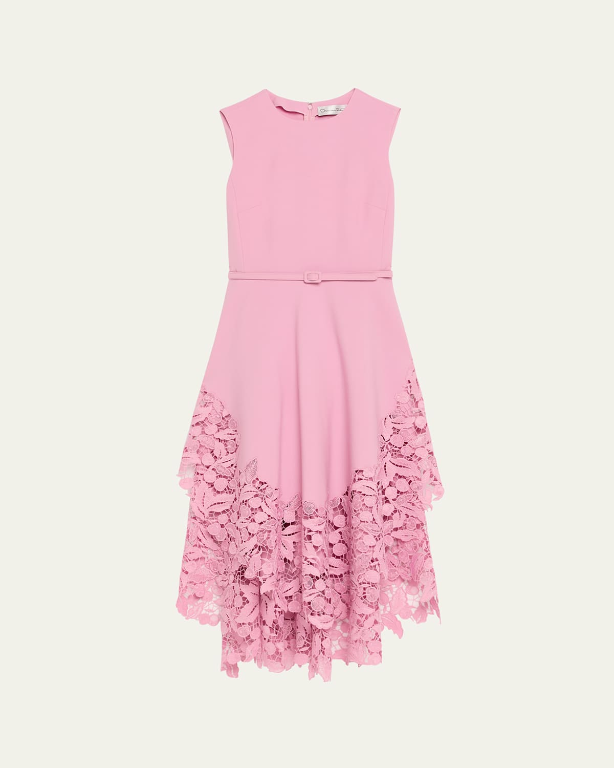 Oscar De La Renta Sleeveless Cherry Guipure Embroidered Dress With Self Belt
